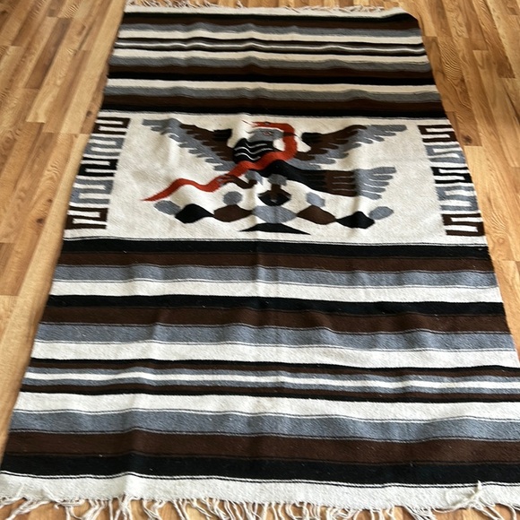 Vintage Mexican wool rug blanket eagle snake brown black stripe fringe boho82x47 - Picture 9 of 16